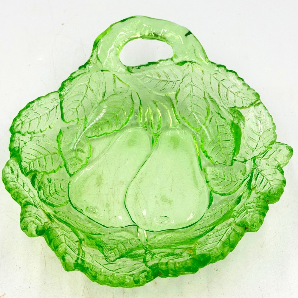 Indiana Glass Sweet Pear Avocado Uranium Green Handled Nappy UV Reactive Glow